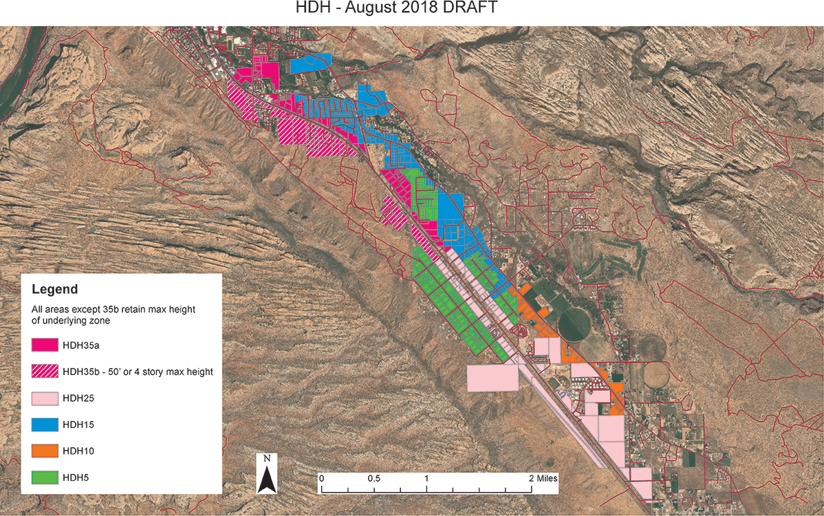 Grand County, Utah, zoning map of proposed high density housing (HDH) overlay districts for employed, full-time county residents. The legend refers to maximum densities per acre (e.g., HDH25 refers to a maxmium of 25 units per acre).