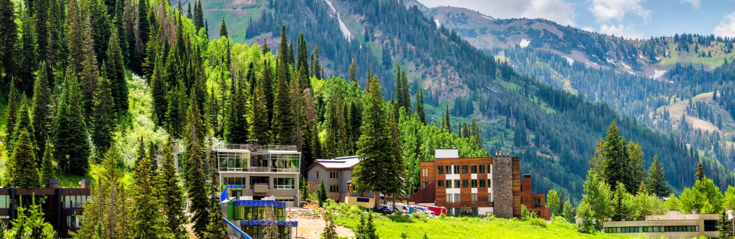 Alta at Albion Basin, Utah cityscape small ski resort town village in summer near Little Cottonwood Canyon by hotel lodge and houses