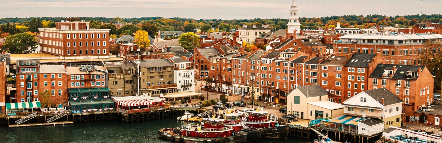 Aerial view of historic buildings around Downtown Portsmouth in New Hampshire in the fall