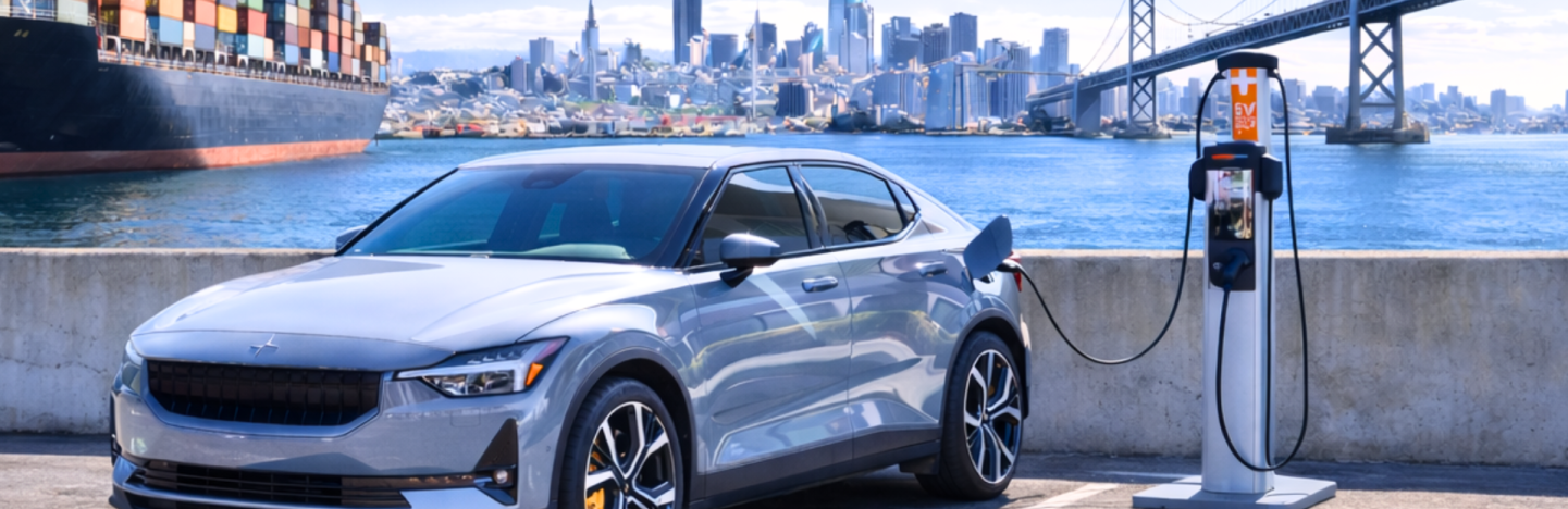 Car connected to a Lilypad EV charger, parked in San Francisco Bay