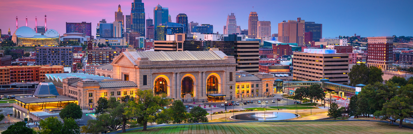 Aerial cityscape image of Kansas City skyline
