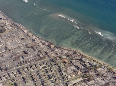 Ariel imagery shows the devastation in Maui County following wildfires accelerated by hurricane winds. Photo courtesy of EagleView Technologies