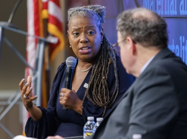 Barbie Robinson, executive director of Harris County, Texas’s public health department, answers a question posed by Axios’ Adriel Bettelheim. Photo by Bryan Dozier