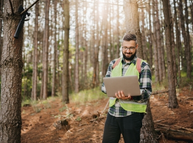 Man with laptop in forest