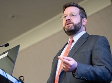 Evan Feinman, deputy associate administrator of the NTIA’s Broadband, Equity and Deployment program, talks about its progress with members of the NACo Telecommunications & Technology Policy Steering Committee. Photo by Denny Henry