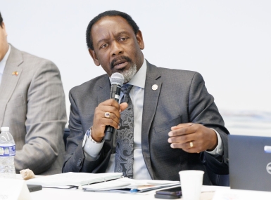 Mayor Jerry Demings offers an example of how his native Orange County, Fla. manages mental health treatment, while at NACo’s office in Washington, D.C. Photo by Bryan Dozier