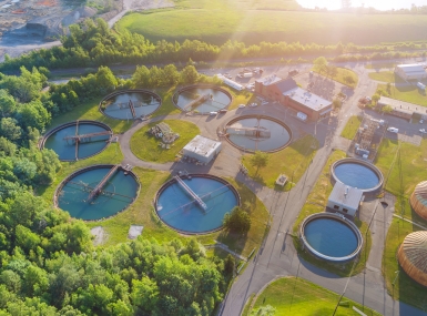 Aerial view of drinking water treatment plants for big city from water management