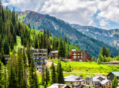 Alta at Albion Basin, Utah cityscape small ski resort town village in summer near Little Cottonwood Canyon by hotel lodge and houses