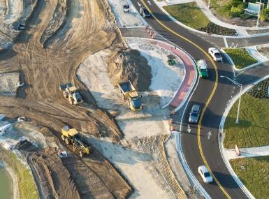 Aerial view of busy American highway road under construction
