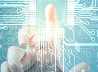 Finger touching a transparent digital interface with circuit patterns, symbolizing technology, innovation, or digital connectivity.