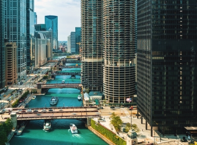 Chicago River with boats from above