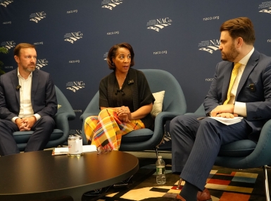 (L-r): Sen. Chris Murphy (D-Conn.), Loudoun County, Va. Chair Phyllis Randall and NACo Chief Government Affairs Officer Mark Ritacco talk about challenges and solutions to social isolation. Photo by Nicole Weissman