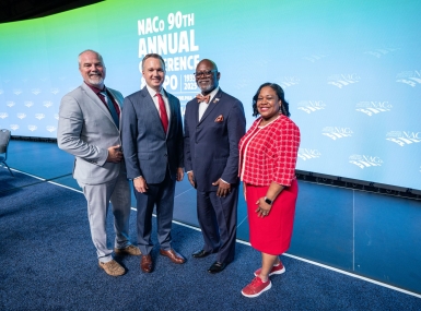 NACo's 2025-2026 officers: Immediate Past President James Gore, President J.D. Clark, First Vice President George Dunlap and Second Vice President Alisha Bell. Photo by Denny Henry