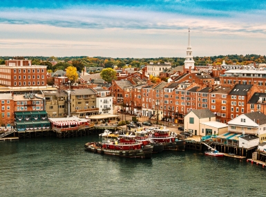 Aerial view of historic buildings around Downtown Portsmouth in New Hampshire in the fall