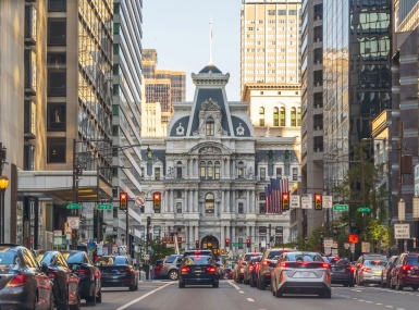 The western facade of Philadelphia's City Hall looks onto Market Street.