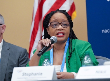 Stephanie Wiggins discusses the benefits of investing in urban transit systems at the Large Urban County Caucus business meeting on July 12. Photo by Leon Lawrence III