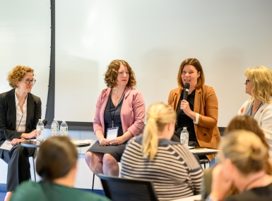 MidTown Cleveland’s Ashley Shaw describes childcare challenges Oct. 1. From left: Caroline Taich, Kara Porter, Shaw and Melissa Altman. Photo courtesy of Cuyahoga County, Ohio