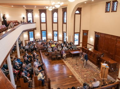 Restoring the two-story Wise County, Texas courtroom took some luck in finding long-forgotten architectual plans, another courthouse by the same architect and desciphering scribblings on an I-beam. Photo by Joe Duty