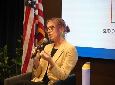 Abby Winiker, director of Johns Hopkins Bloomberg Overdose Prevention Initiative, highlights ways to stretch opioid dollars. Photo by Charlie Ban
