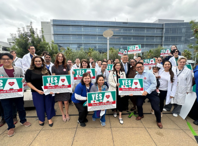 Local leaders and healthcare workers rally for sales tax increase to cover healthcare costs in Santa Clara County, Calif.