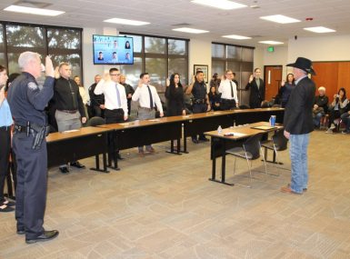 Canyon County, Idaho Sheriff Kieran Donahue swears in new recruits to his office in 2022.