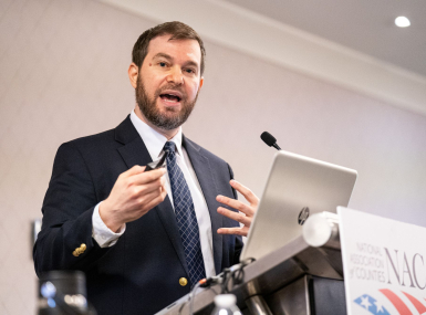 Matthew Vigeant addresses the Justice and Public Safety Policy Steering Committee Feb. 21. Photo by Denny Henry