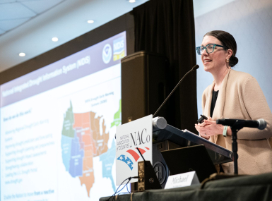 NOAA’s Elizabeth Ossowski discusses the National Integrated Drought Information System Feb. 21 with members of the NACo Environment, Energy and Land Use Policy Steering Committee. Photo by Denny Henry