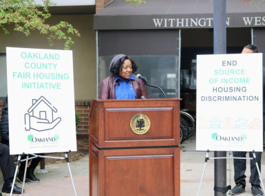 Oakland County, Mich. Commissioner Yolanda Smith Charles discusses housing needs at a press conference. Photo courtesy of Yolanda Smith Charles