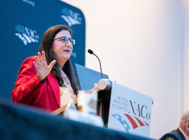 Shannon Smith, director, Public Sector, CAI, speaks Feb. 22 to members of the Mid-Size County Caucus. Photo by Denny Henry