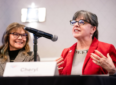 Cheryl Subler, executive director of the County Commissioners Association of Ohio, implores counties to be proactive in telling their legislators how state-led property tax reform can threaten county revenues and services. Florida Association of Counties Executive Director Ginger Delegal is to her right. Photo by Denny Henry