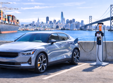 Car connected to a Lilypad EV charger, parked in San Francisco Bay