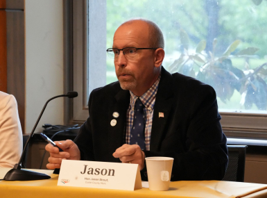 Custer County, Mont. Commissioner Jason Strouf describes the complexity involved in fixing damage to an existing culvert. He spoke with other county officials at an April 20 Capitol Hill briefing. Photo by Charlie Ban 