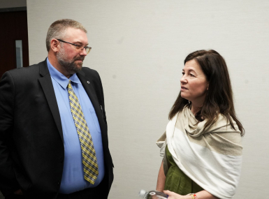 Lucas County, Ohio Engineer Mike Pniewski speaks to Rep. Kristen McDonald Rivet (D-Mich.) May 19 during the Business Roundtable’s Infrastructure Week Signature Event in Washington, D.C. Photo by Charlie Ban