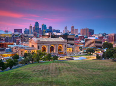 Aerial cityscape image of Kansas City skyline