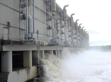 West Closure Complex in Belle Chasse, La., during a pump test. It serves as the world’s largest drainage pump station, designed to protect against storm surges. Photo by Ryan Labadens, U.S. Army Corps of Engineers
