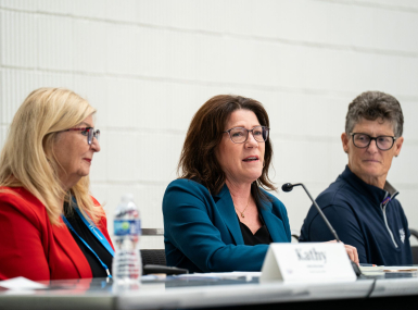 Tracy Peters, HR director and assistant county administrator in Cass County, N. D., makes a point during a panel discussion about recruitment, flanked by fellow panelists (left) Kathy Burrows, HR director for Tulsa County, Okla. and Boone County, Mo. Commissioner Janet Thompson. Photo by Denny Henry