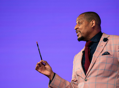 U.S. Army Master Sgt. Cedric King tells the Opening General Session audience to "embrace the sharpener," and lean into the challenges that will help them discover their resilience. Photo by Denny Henry
