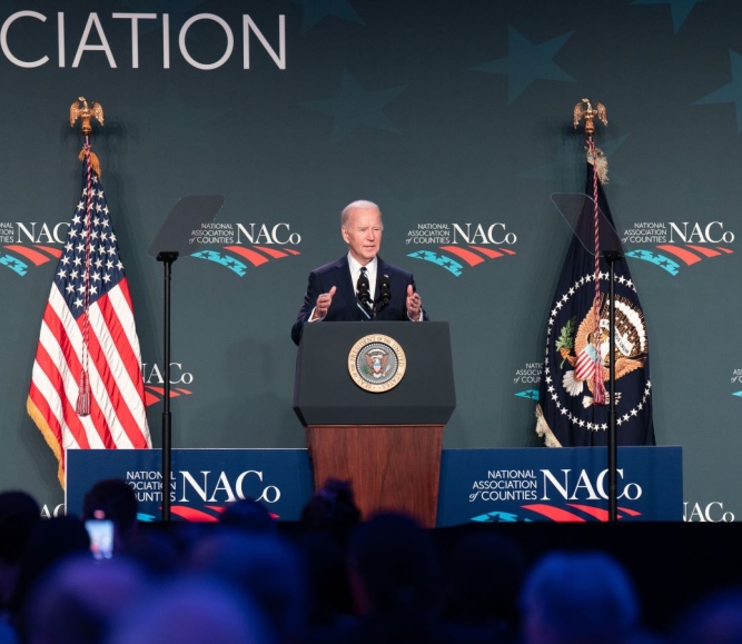 President Joe Biden addresses the General Session audience at the NACo Legislative Conference Feb. 12. Photo by Denny Henry