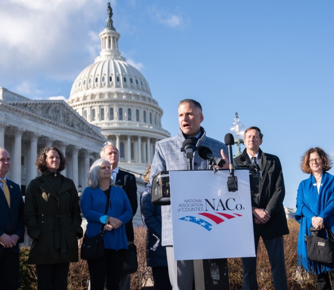 Rep. Marc Molinaro (R-N.Y.) speaks in support of an extension of the Affordable Connectivity Program Tuesday at a Capitol Hill press conference. Fellow members of Congress and county officials also took turns speaking at the rally. Photo by Denny Henry