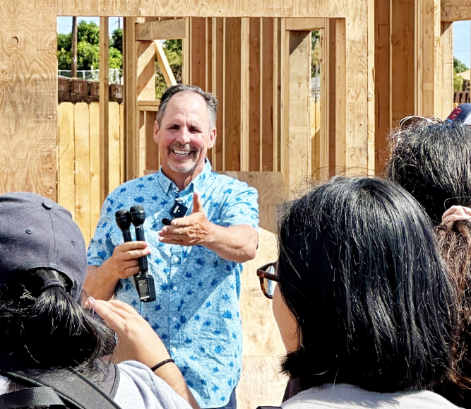 Homeowner Gene Milne shows off his homesite June 26 in Lahaina at a press conference. He is one of the first property owners to start the rebuilding process after his newly built home was lost in the fire last year. Photo courtesy of Maui County