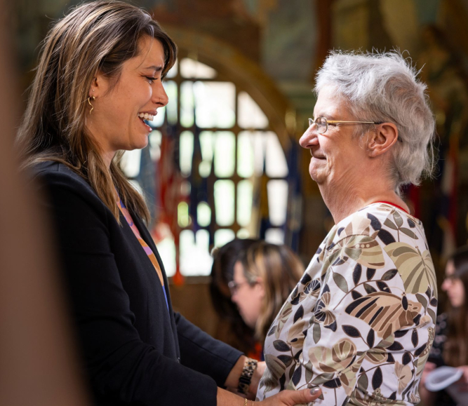 Allegheny County, Pa. Executive Sara Innamorato embraces Pam Steimer after Innamorato announced the 500 in 500 initiative. Photo courtesy of Allegheny County