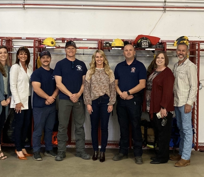 UAC leaders meet with Moab Valley Fire Protection District members. From left: Marki Rowley, Millard County clerk and UAC secretary; Shelley Brennan, Duchesne County recorder and UAC immediate past president; Carter Lloyd and Doran Michels, firefighters, Brandy Grace, UAC CEO; TJ Brewer, firefighter; Sheri Dearden, UAC COO and Bill Winfield, Grand County commissioner. Photo courtesy of Brandy Grace