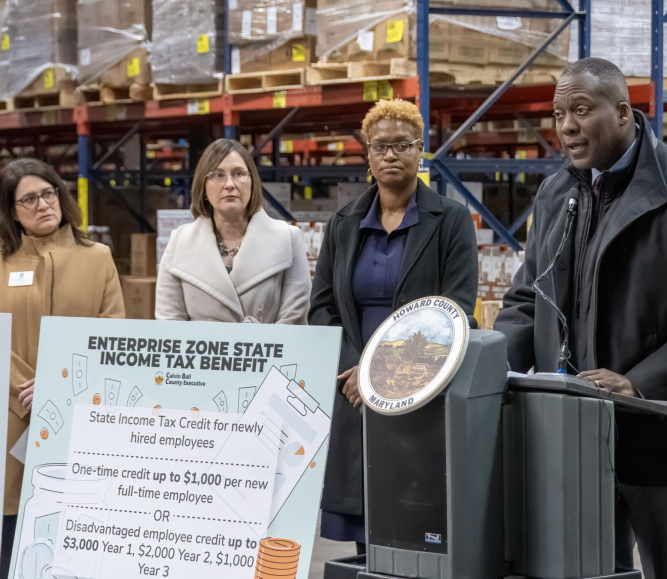 County Executive Calvin Ball, Howard County, Md., takes to the microphone at a local event designed to bring business to his community. 