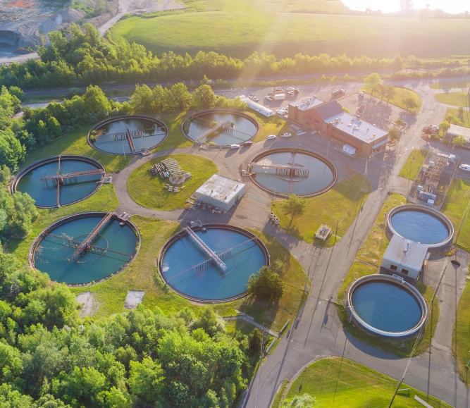 Aerial view of drinking water treatment plants for big city from water management