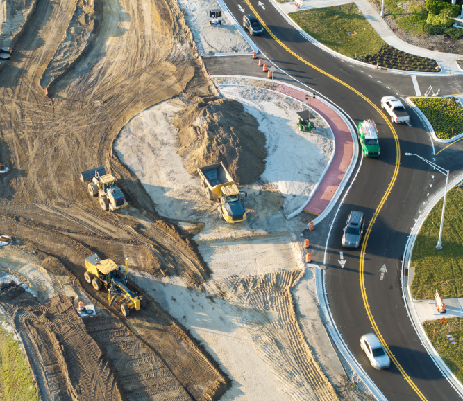 Aerial view of busy American highway road under construction
