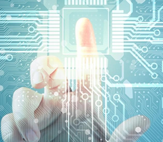 Finger touching a transparent digital interface with circuit patterns, symbolizing technology, innovation, or digital connectivity.