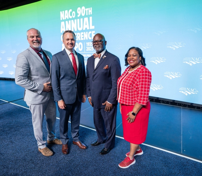 NACo's 2025-2026 officers: Immediate Past President James Gore, President J.D. Clark, First Vice President George Dunlap and Second Vice President Alisha Bell. Photo by Denny Henry