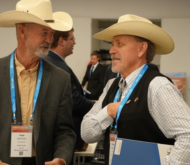 Prairie County, Mont. Commissioner Todd Devlin and Fremont County, Colo. Commissioner Dwayne McFall prepare for their Capitol Hill visits during the PILT Fly-In Sept. 10. McFall is the Western Interstate Region first vice president. Photo by Charlie Ban