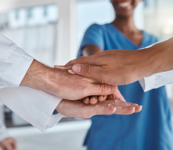 Medical motivation, doctor success and hands of team of hospital workers stacked for healthcare