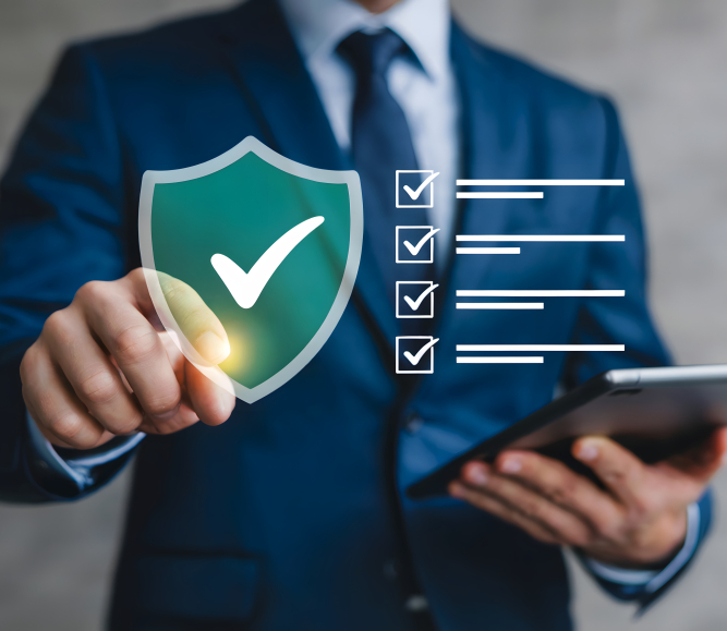 man pointing at a cybersecurity shield with a checkmark and then a checklist is next to it